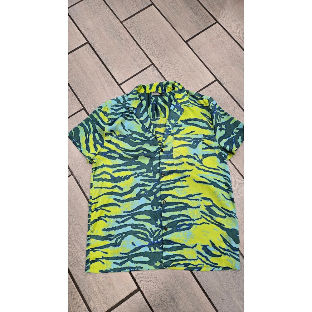 ASOS DESIGN Mens Neon Tiger Stripe Camp Collar Short Sleeve Shirt Green Teal S